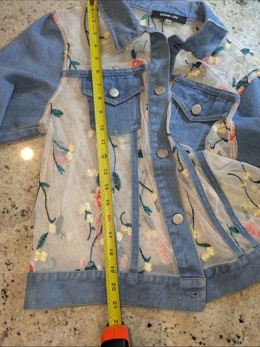 Sugar Lips Floral Embroidered Sheer Mesh Denim Trucker Jacket M - Picture 9 of 13